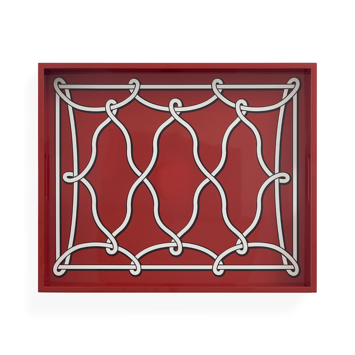 Jonathan Adler Rita lacquer tray with vibrant red finish, featuring sleek rectangular shape and modern design for stylish accessories.