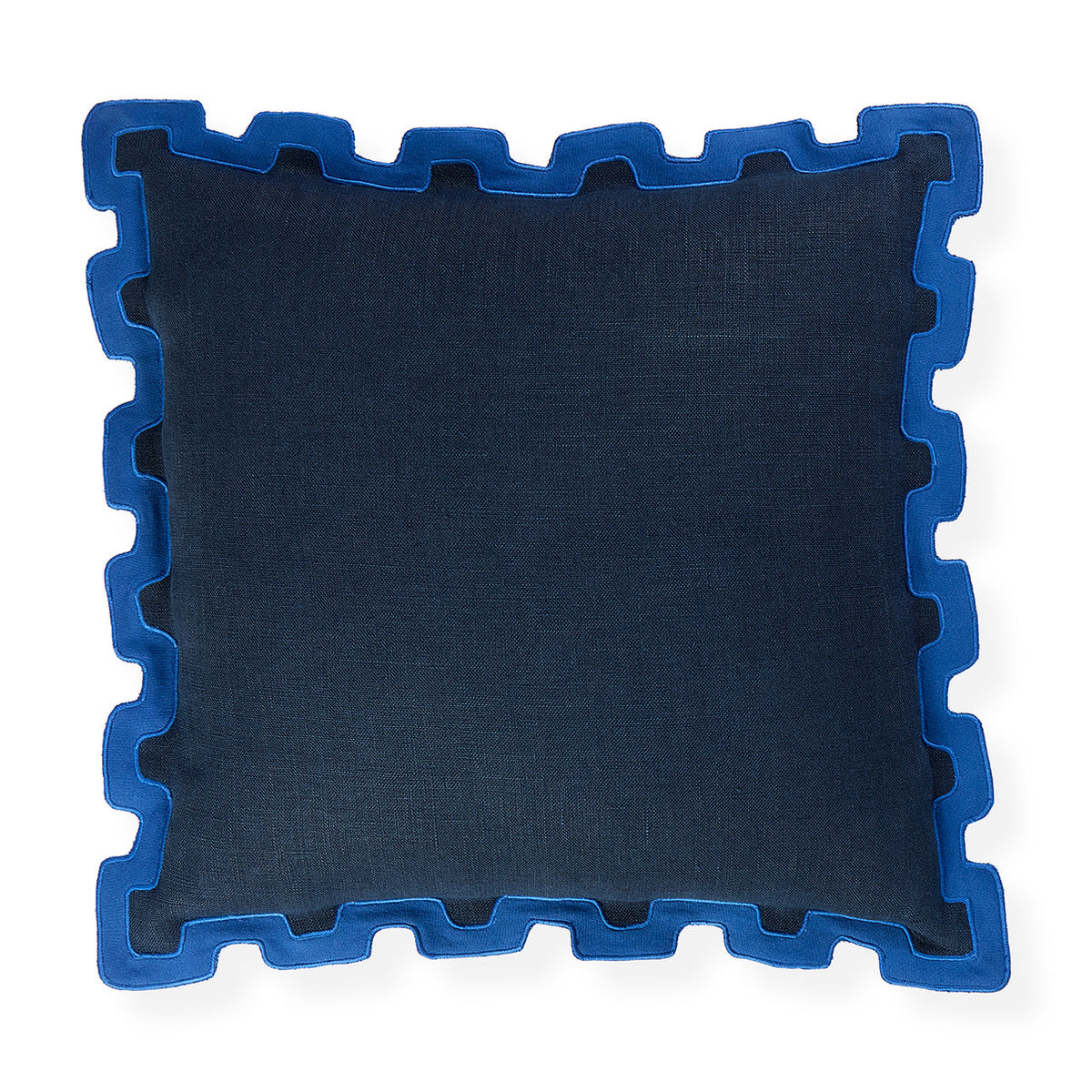 Jonathan Adler Santorini Blue Border Pillow showing vibrant blue and white patterned fabric with decorative borders.