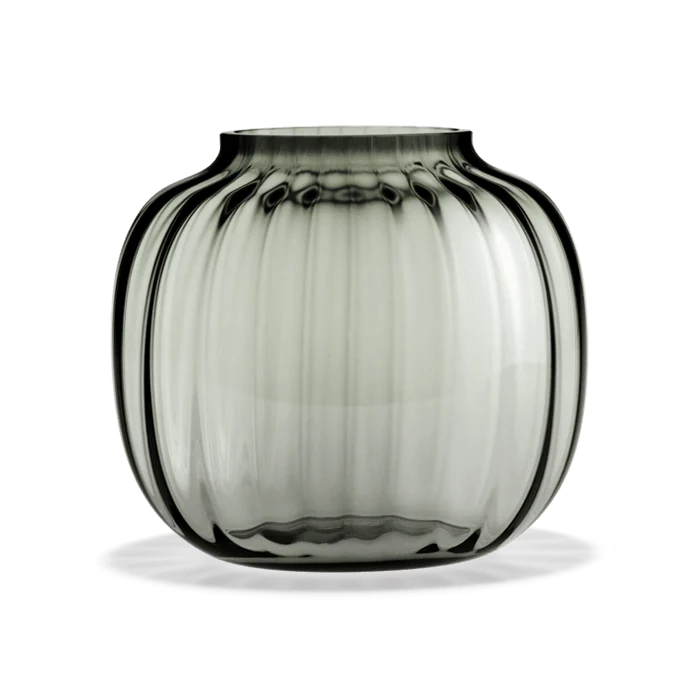 Holmegaard Primula oval vase in smoky glass, 6.9 inches tall, with a smooth, oval shape and elegant design.
