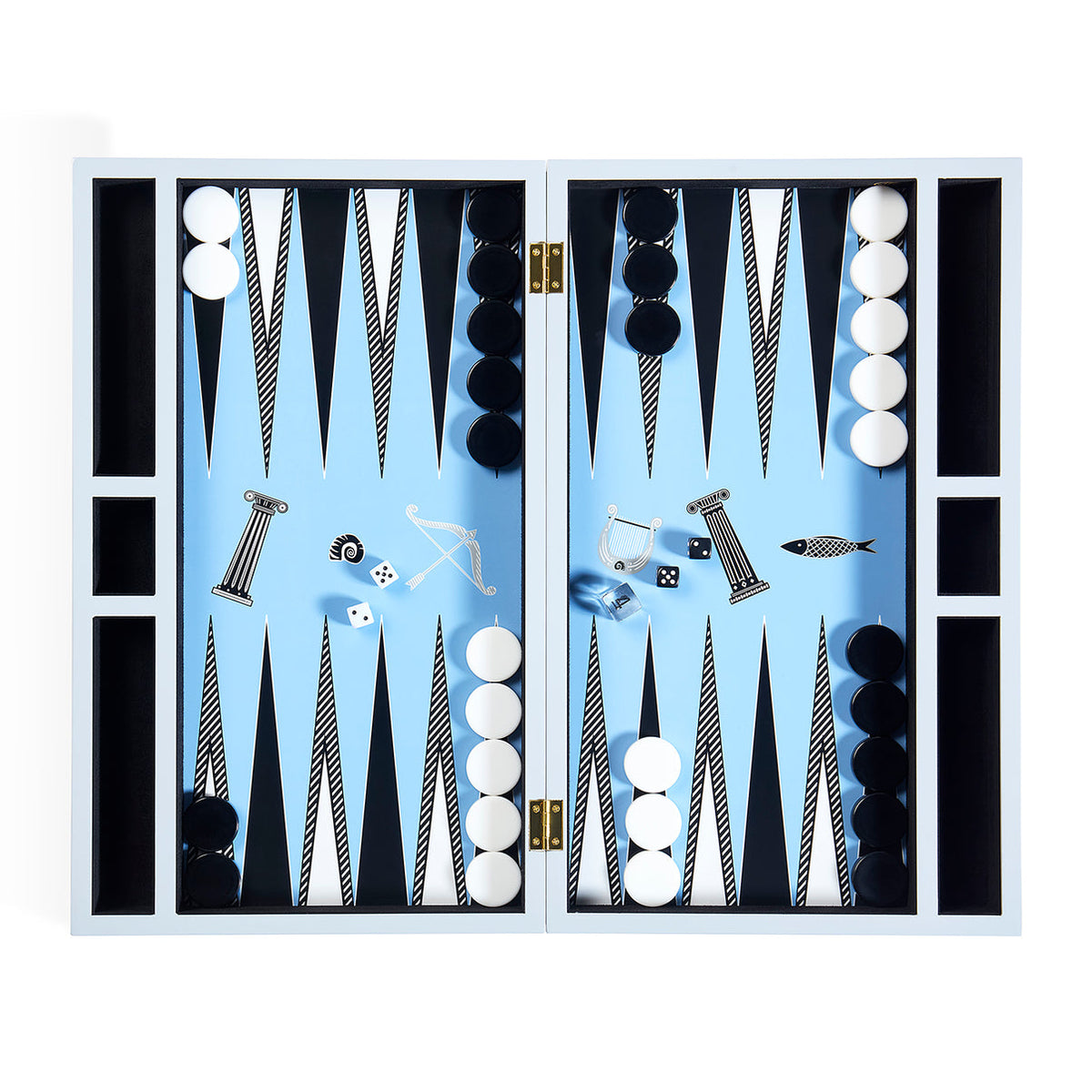 Jonathan Adler Soleil Backgammon Set with vibrant playing board and game pieces, perfect for stylish game nights.