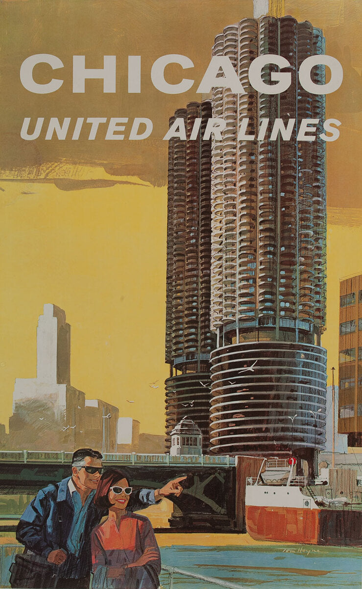 Affiche de voyage vintage Tom Hayne des années 1960 pour United Airlines représentant les Marina Towers