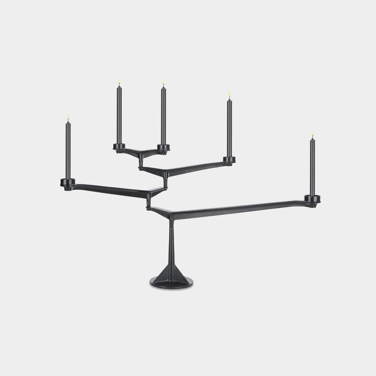 Large black Spin Candelabra by Tom Dixon, modern accessories with multiple candle holders, sleek design perfect for stylish decor.