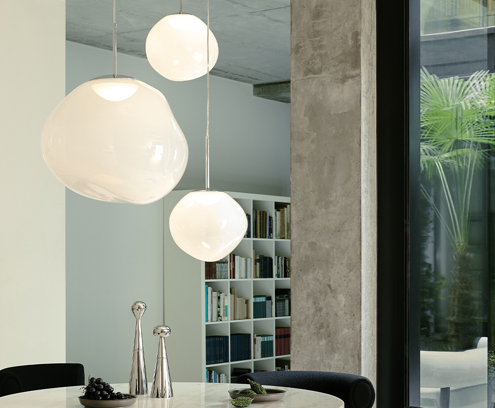 Tom Dixon Smoke Melt Mini Pendant light, modern lighting fixture with a sleek, sculptural design for contemporary interiors.