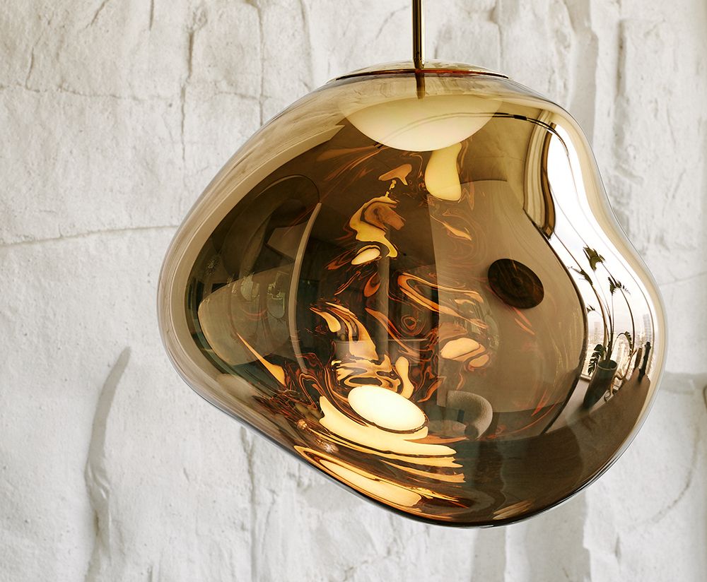 Tom Dixon Melt Mini Pendant light fixture with smoky glass diffuser, modern lighting design for interior decor.