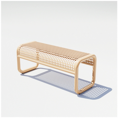 Tan Tube Bench by Bend Goods, a stylish modern seating piece with cylindrical metal frame and upholstered top.