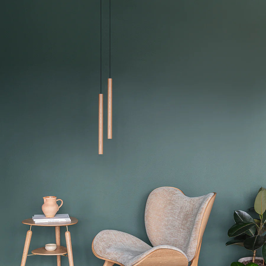 Tall oak pendant lamp from UMAGE's Chimes collection, stylish lighting fixture with a natural wood finish.