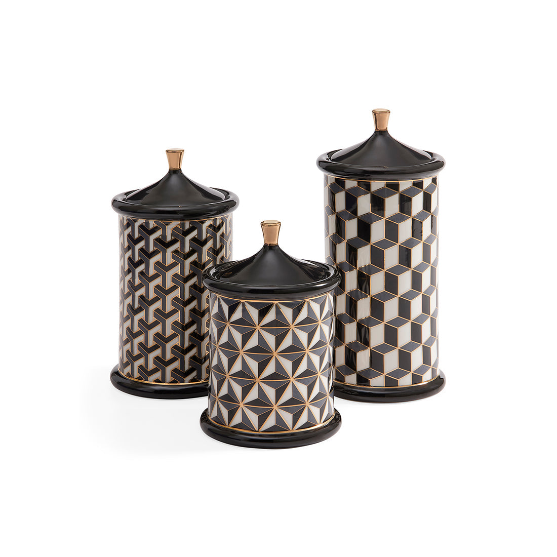 Medium Versailles black and white canister by Jonathan Adler, featuring a stylish, decorative ceramic container with a lid.