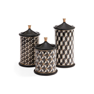 Medium Versailles black and white canister by Jonathan Adler, featuring a stylish, decorative ceramic container with a lid.