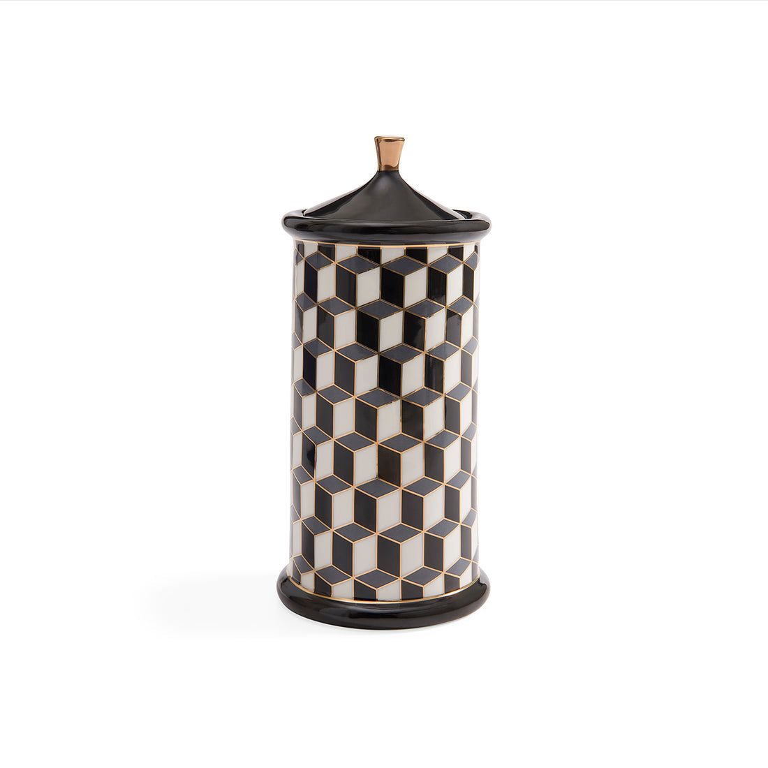 Large black and white Versailles canister by Jonathan Adler, stylish ceramic accessory with intricate pattern details.