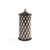Large black and white Versailles canister by Jonathan Adler, stylish ceramic accessory with intricate pattern details.