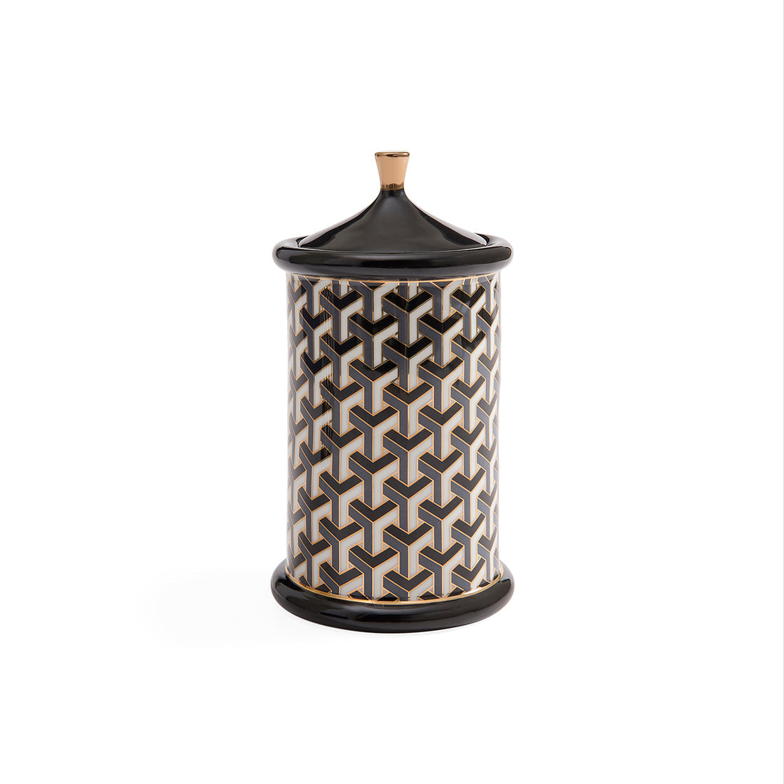 Medium Versailles black and white ceramic canister by Jonathan Adler, with a decorative geometric pattern and lid.