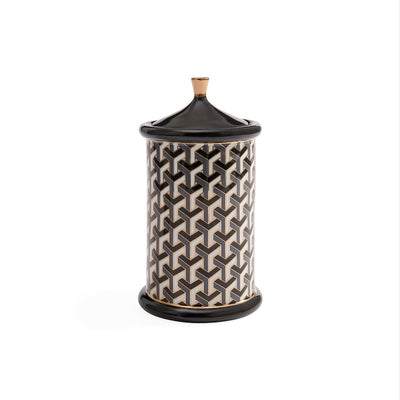 Medium Versailles black and white ceramic canister by Jonathan Adler, with a decorative geometric pattern and lid.