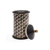 Medium Versailles black and white ceramic canister by Jonathan Adler, with a decorative pattern and lid.