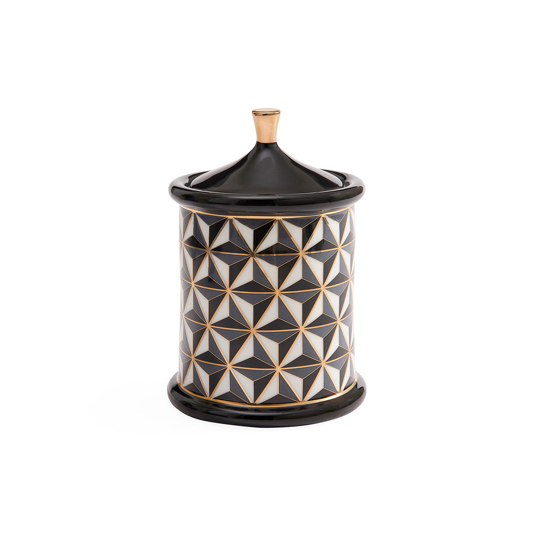 Small Versailles black and white canister by Jonathan Adler, stylish decorative accessory with intricate pattern design.