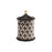 Small Versailles black and white canister by Jonathan Adler, stylish decorative accessory with intricate pattern design.