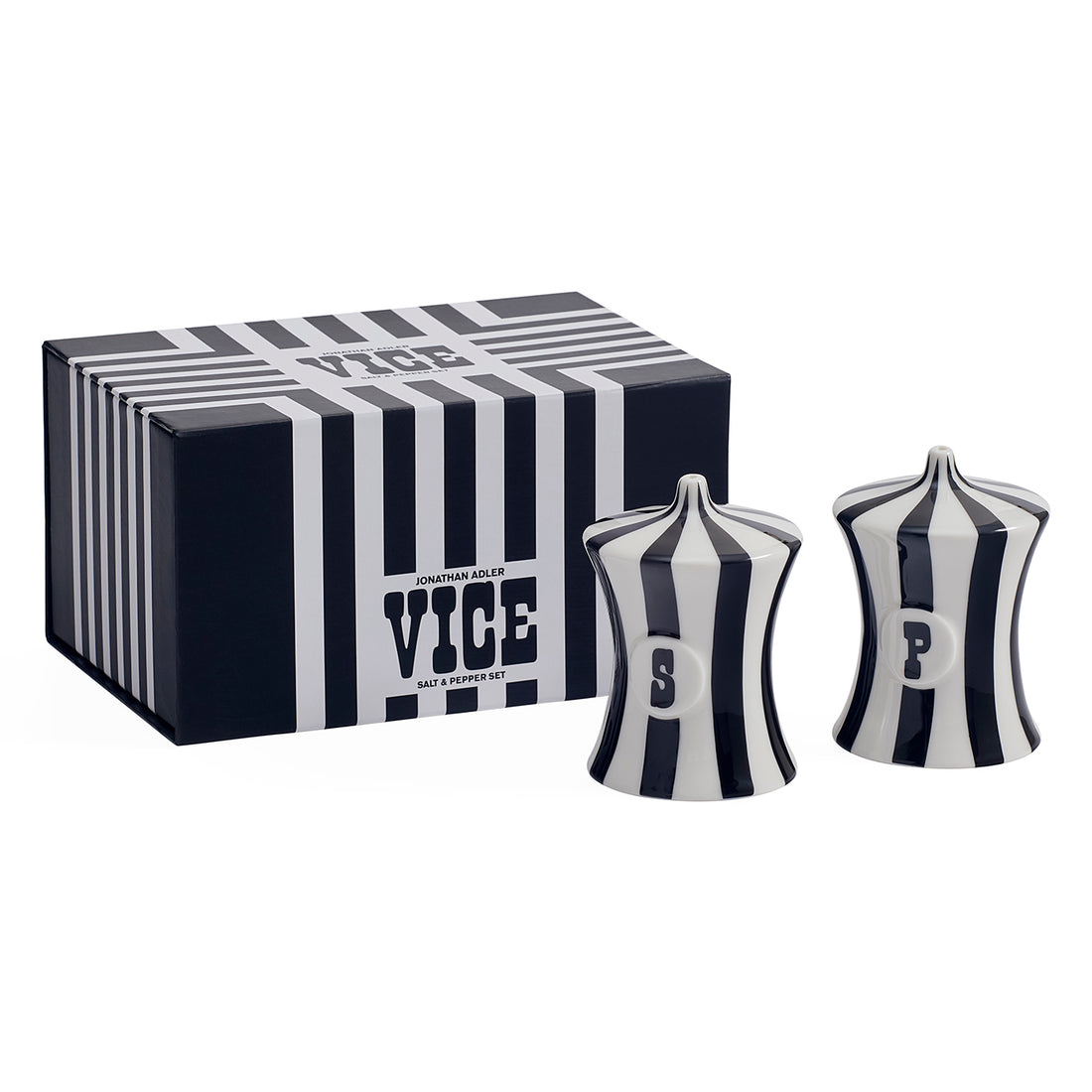 Jonathan Adler Vice salt and pepper set, stylish accessories featuring modern design and glossy ceramic finish.