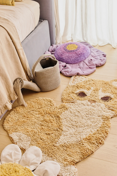 Kids' washable rug featuring Ginger the Cat design by Lorena Canals, soft fabric with colorful cat illustration for children's rooms.