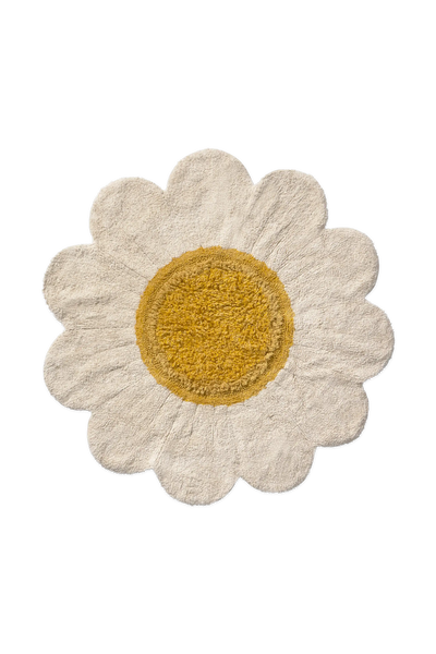 White Daisy washable kids rug by Lorena Canals featuring a floral daisy design, soft and suitable for children's rooms.