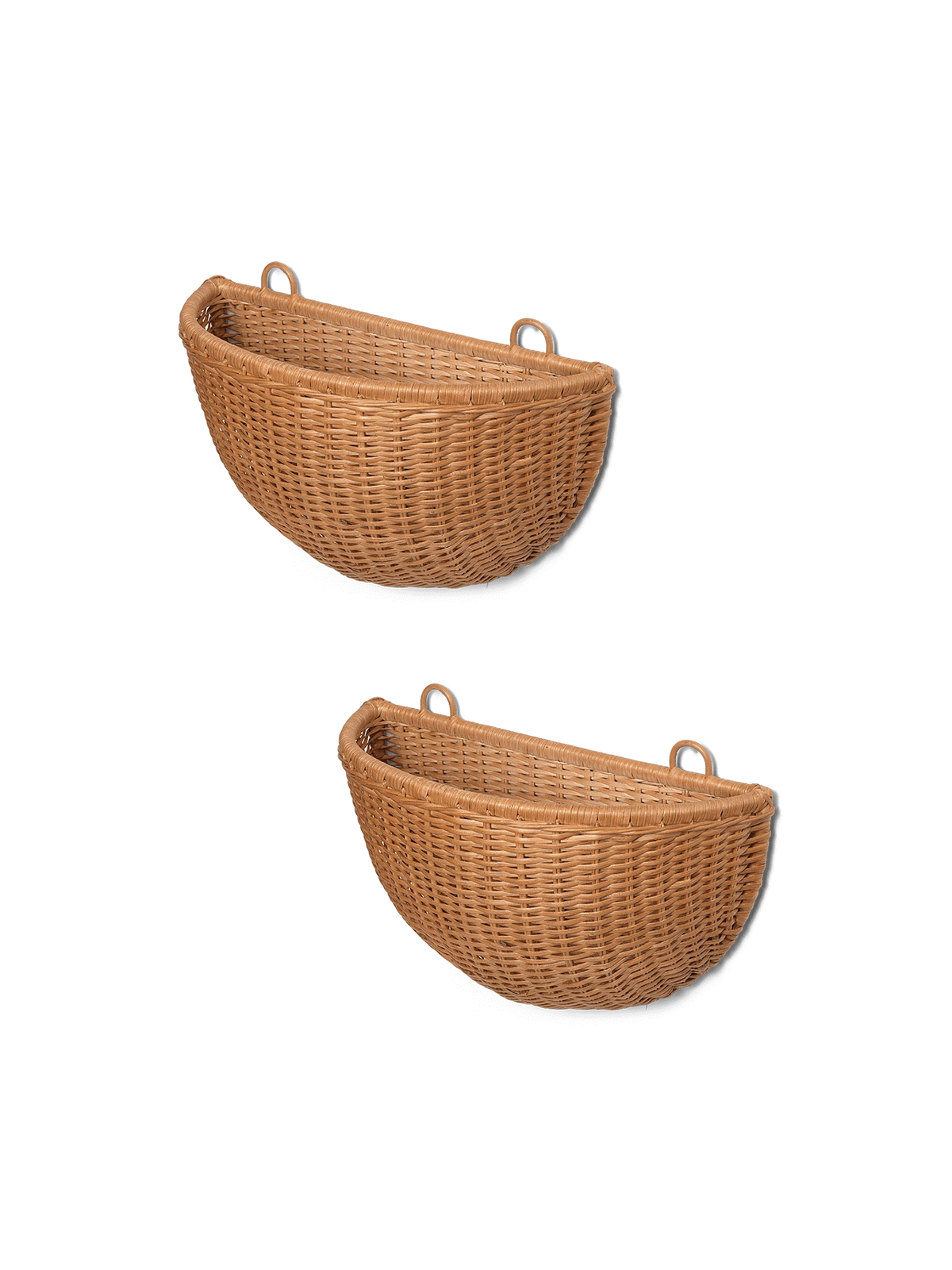 Set of two Ferm Living braided wall pockets hanging on a wall for stylish storage and decor.