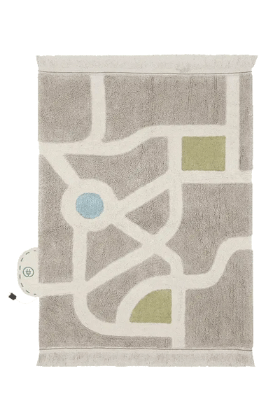 EcoCity washable rug by Lorena Canals, soft bedroom rug with colorful urban design and eco-friendly materials.