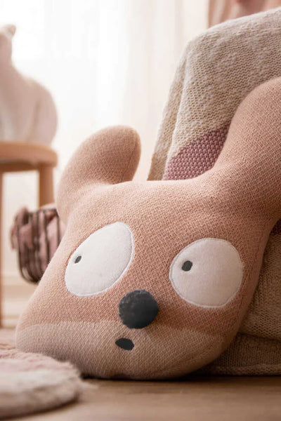 Kids knitted cushion featuring Miss Mighty Mouse by Lorena Canals, soft and colorful plush toy for children.