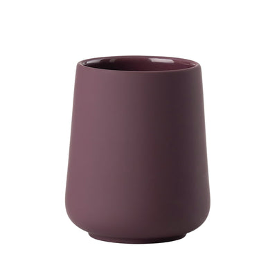 Purple Nova One Toothbrush Mug by Zone Denmark, velvet finish, with a sleek curved design, serving as a stylish bathroom accessory.