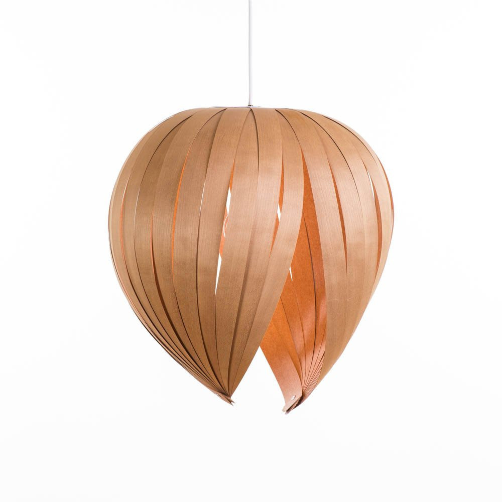 Red Gladys pendant light by Atelier Cocotte featuring a white interior and large birch wood accents, modern lighting fixture.