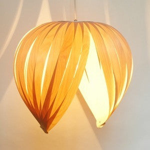 Red Gladys Pendant light by Atelier Cocotte featuring a large white birch-colored shade, modern lighting fixture.