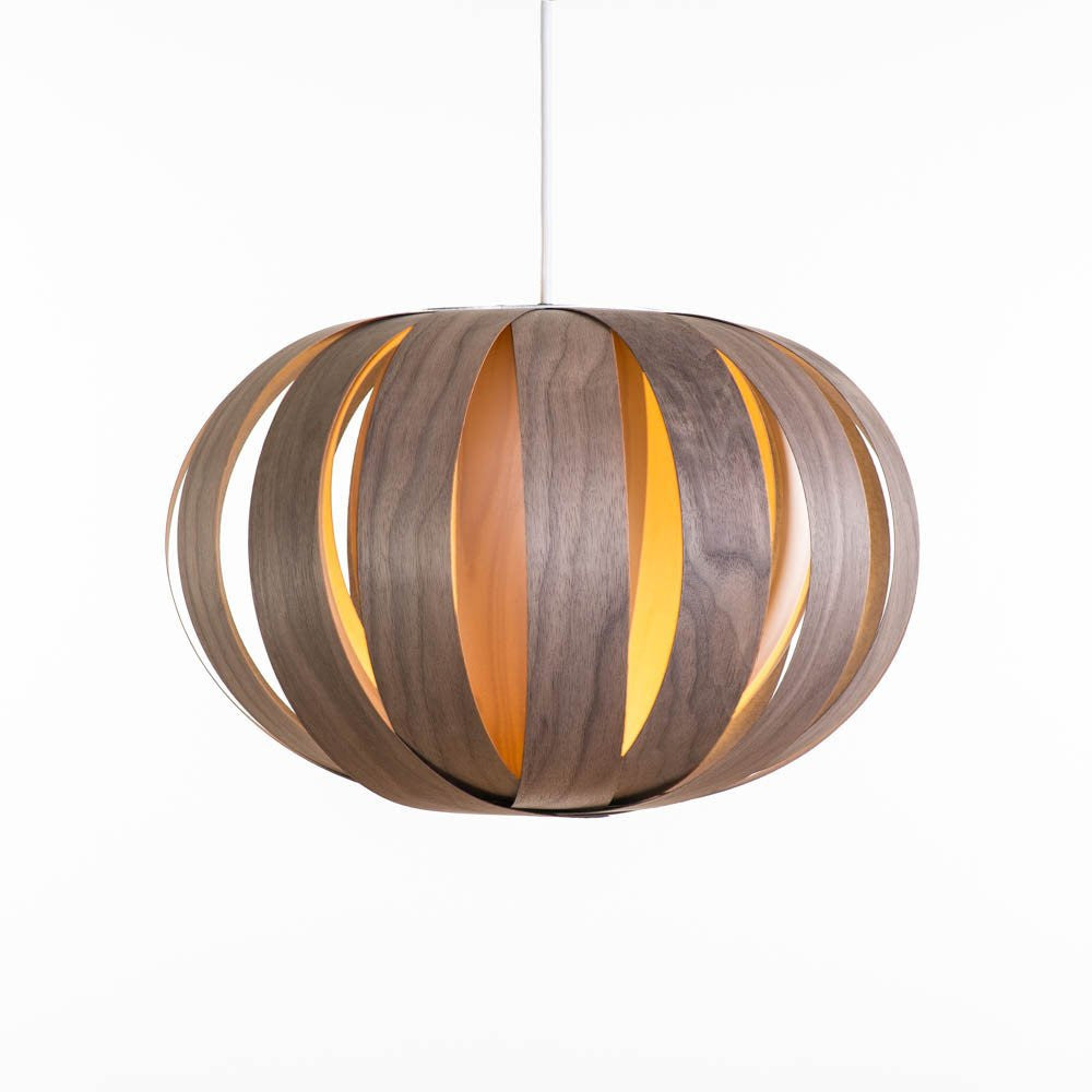 Ruth Small Pendant light by Atelier Cocotte featuring a white oak and birch wood shade with a minimalist design.