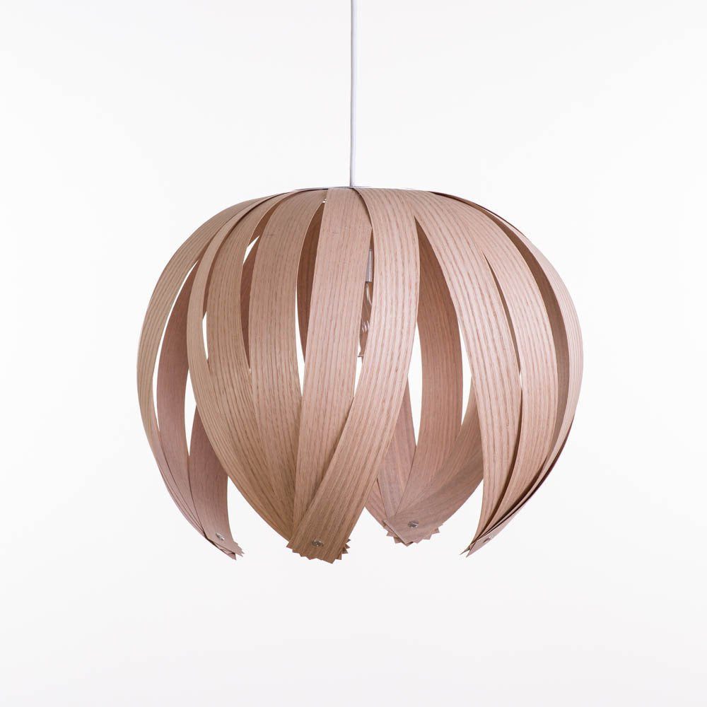 Walnut and white Ti-Fleur pendant light by Atelier Cocotte, showcasing a modern lighting fixture with layered petal design.