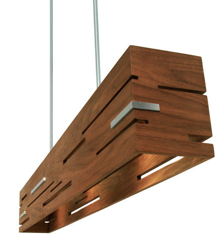Aeris Linear LED Pendant by Cerno featuring dark stained walnut and brushed aluminum, with 2700K LED lighting and sleek modern design.