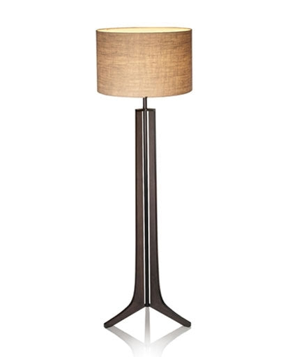 Forma LED floor lamp by Cerno with brushed aluminum, dark walnut finish, and black amaretto accents, made in the USA.