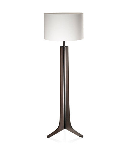 Cerno Forma LED floor lamp with brushed aluminum, dark stained walnut finish, black amaretto accents, made in the USA.