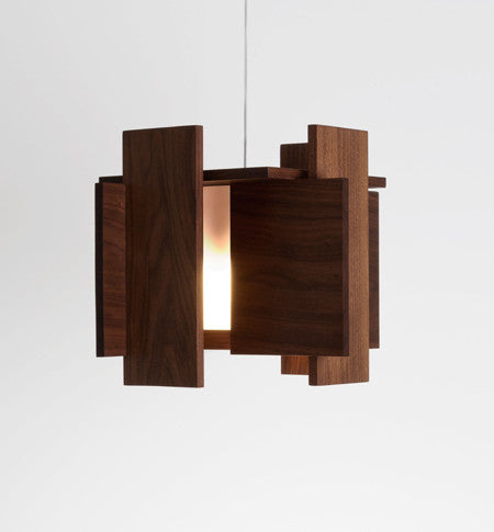 Dark-stained walnut Abeo LED pendant light by Cerno, featuring 2700K warm LED illumination, made in the USA.