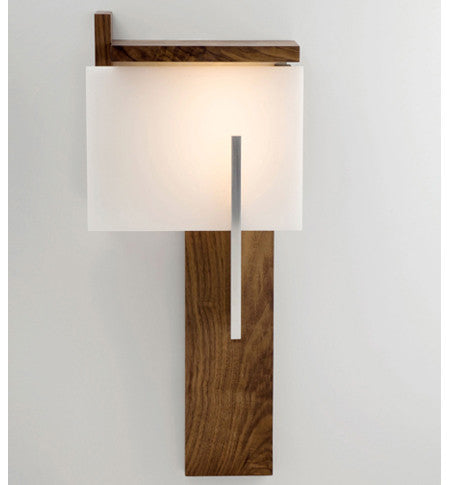 Dark stained walnut Oris wall sconce by Cerno, LED lighting fixture with modern design, made in the USA.
