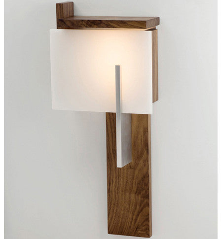 Dark stained walnut Oris wall sconce by Cerno, LED lighting fixture, made in the USA, with sleek modern design.