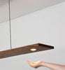 Vix Linear LED Pendant by Cerno in dark stained walnut with 2700K LED lighting, made in the USA, modern minimalist lighting fixture.