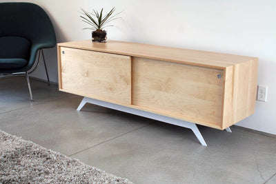Walnut Elko Credenza by Eastvold Furniture, stylish storage cabinet with silver round handles, sleek modern design.