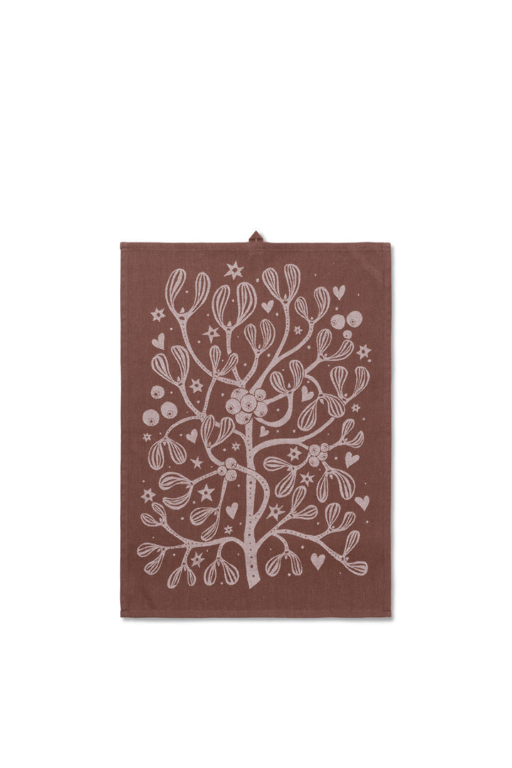 Dark green Mistletoe Tea Towel from Ferm Living, featuring festive botanical print, made of soft, durable fabric.
