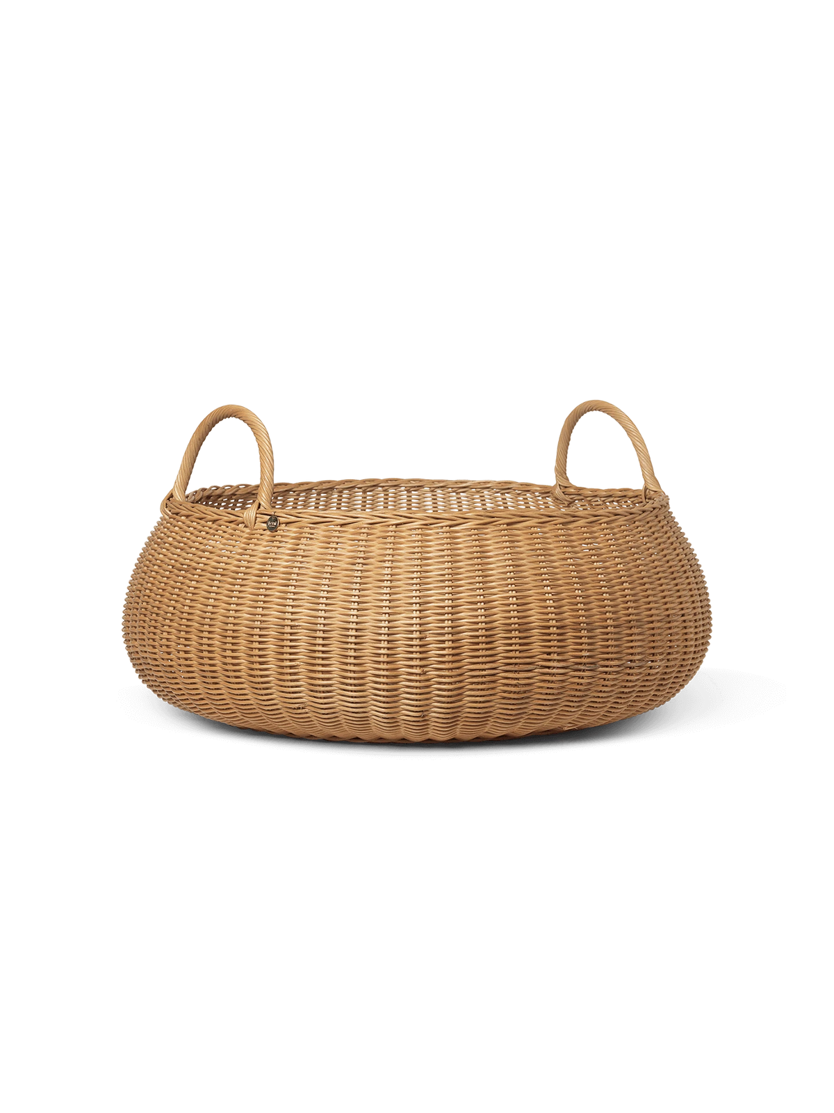 Ferm Living low braided basket, brown woven accessories for storage and decoration, made of natural fibers.