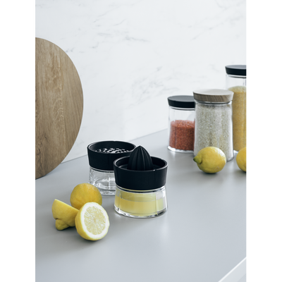Black Grand Cru Juice Strainer by Rosendahl, a sleek accessory for juicing and straining fruits in the kitchen.