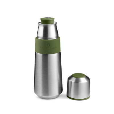 Rosendahl Grand Cru Thermos Flask in olive green, 0.65L, stainless steel insulated bottle for hot and cold beverages.