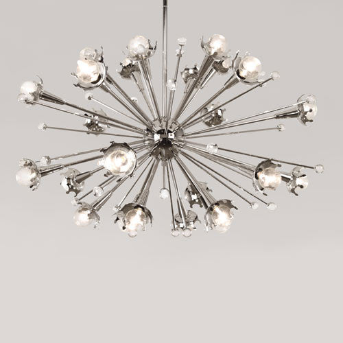 Small antique brass Sputnik chandelier by Jonathan Adler, modern lighting fixture with multiple arms and globe bulbs.