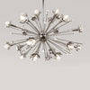 Small antique brass Sputnik chandelier by Jonathan Adler, modern lighting fixture with multiple arms and globe bulbs.