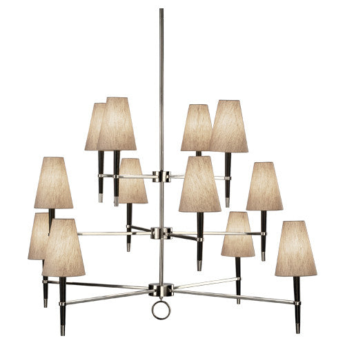Jonathan Adler Ventana three-tier chandelier with antique brass finish, showcasing multiple hanging light fixtures and elegant design.