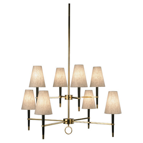 Jonathan Adler Ventana Two-Tier Chandelier in antique brass, elegant lighting fixture with multiple tiers and intricate design.