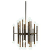 Brass Meurice chandelier by Jonathan Adler hanging from ceiling with multiple light fixtures, elegant modern lighting design