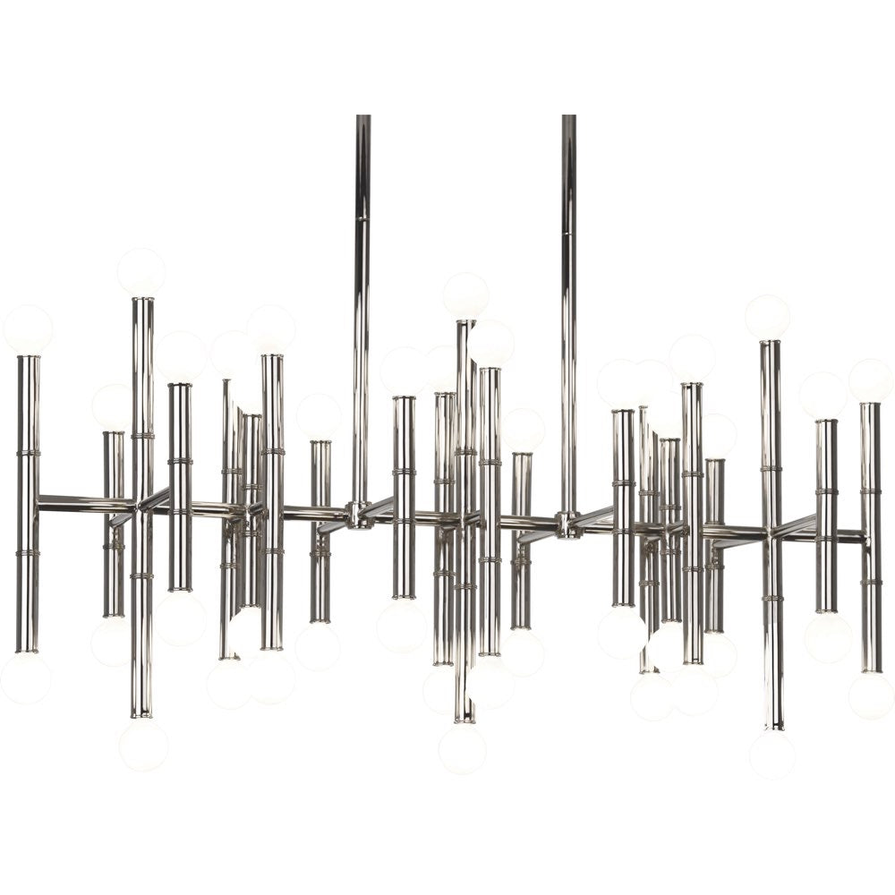 Jonathan Adler Meurice Rectangle Chandelier featuring brass finish and modern lighting design, hanging as a statement piece.