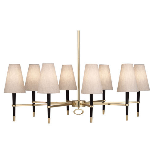 Brass Ventana Oval Chandelier by Jonathan Adler, stylish lighting fixture with an elegant oval design and modern brass finish.