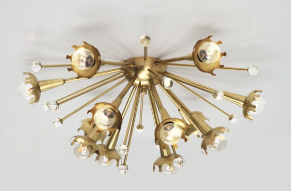 Polished nickel Sputnik flush mount ceiling light by Jonathan Adler with multiple light arms radiating outward.